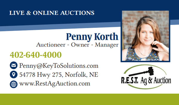 Penny Korth Business Card
Phone Number 402-640-4000
Website: RestAgAuction.Com