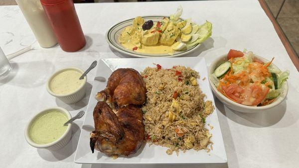 Half Peruvian chicken with salad and fried rice