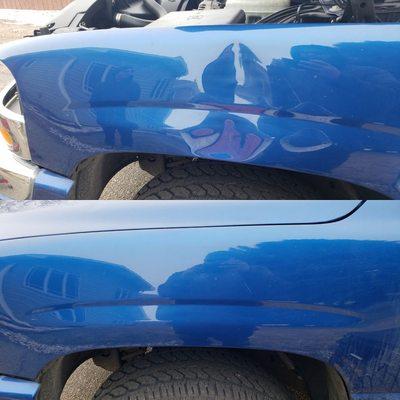 2004 GMC Sierra fender save from the body shop! Repair done in a matter of hours mobile to your location!