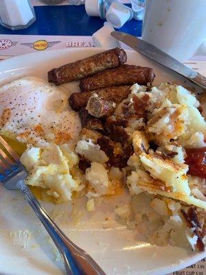 Turkey sausage home fries eggs over easy