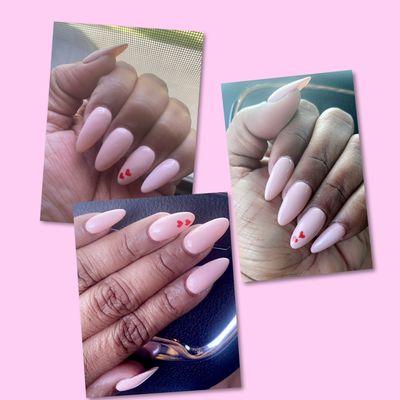 Valentine Hearts,Acrylic nails,gel polish,almond nails,nude nails