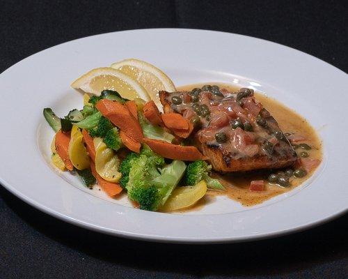 Salmon and vegetables.