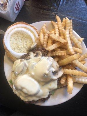 Mushroom and Swiss burger and fries