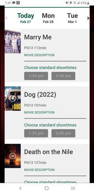 Time of showing on this past Sunday for Coral Cliff's Cinema 8. Dog 4:05 Sunday February 27, 2022