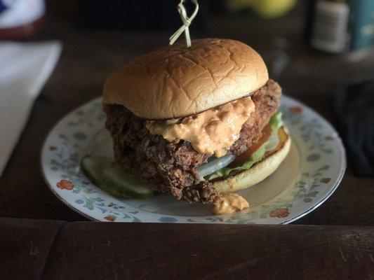 This fried chicken sandwich with pimento cheese is amazing. Not spicy, but has a good kick. And even better crunch!