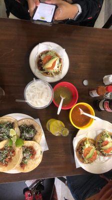 Tacos de asada and al pastor, sopes de chorizo and al pastor, half a liter of horchata, two chiles verde (mild) and roja (spicy).