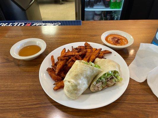 Chicken Caesar Wrap w/ sweet potato fries