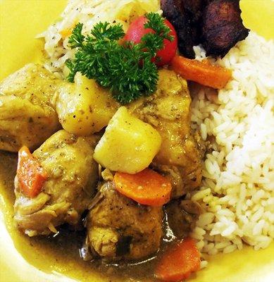 Curry Chicken (w/White Rice, Steamed Veggies and Fried Sweet Plantains,)  A little spice is nice, but so much flavor is fanaticism.