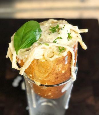 Fettuccine Alfredo Stuffed Garlic Sourdough Cone