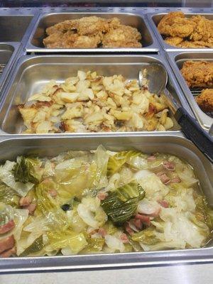 Lunch plates, choose meat with 2 sides and a drink for only $6.99 what a steal. Today is fried pork chops fried potatoes and cabbage.