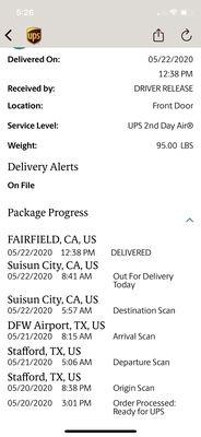 NOTE time on " out for delivery" for th3 ONE OF TWO 95lbs i received. The other was scanned only seconds apart/ scanned to be left behind