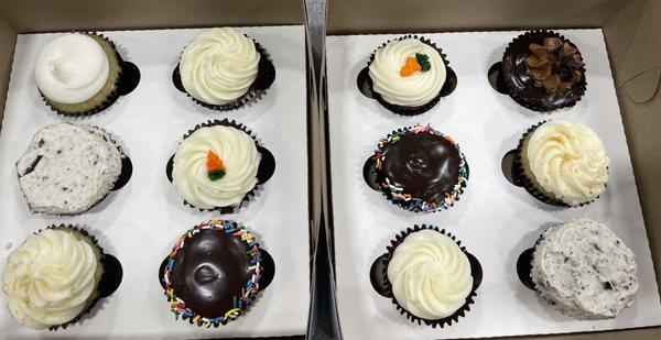 carrot cream cheese, cheesecake, chocolate donut, chocolate Oreo, red velvet, vanilla bean, and chocolate truffle cupcakes