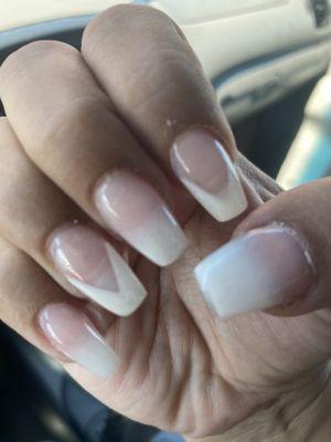 Air bubbles on white tip asked for ombré double lines on the v shape