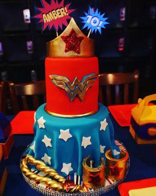 Wonder Woman two tier fondant cake with personalized details.