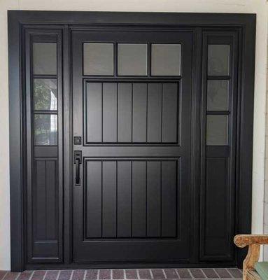 42" country door and sidelights frosted glass black.