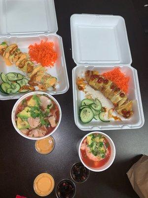 Mango Roll, Guasave Roll, Shrimp  and Campechana cocktail... Delicious