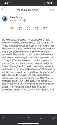 DO NOT ORDER ONLINE! IF YOU SHOP IN STORE PREPARE TO DEAL WITH ABSOLUTELY RUDE STAFF.I WILL NOT SHOP HERE AGAIN!