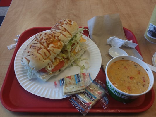 Shrimp and corn chowder with a tuna sandwich.