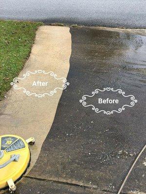 Pressure washing a driveway. Wow! What a difference!