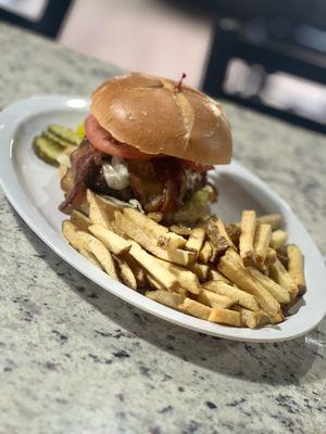 Bacon Mushroom Burger (8 oz Angus Beef) with fresh-cut fries.