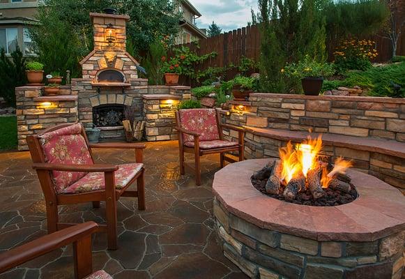 Gas Fire Pit, Pizza Oven and custom brick paver patio in Colorado Springs