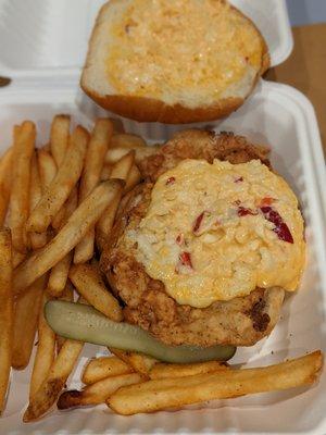 Pimento cheese and spicy aioli on the hot chicken sandwich.