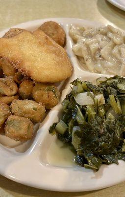 Turnip greens, hot water cornbread, chicken and dumplings, fried okra, fried chicken and jalapeño popper