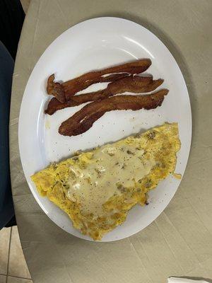 Sausage Omelette with Cooper Cheese and side of Bacon