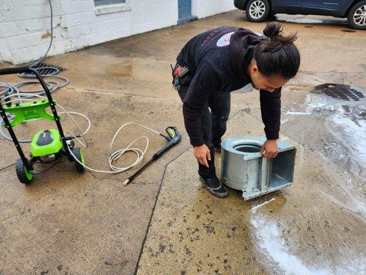 Cleaning a blower wheel