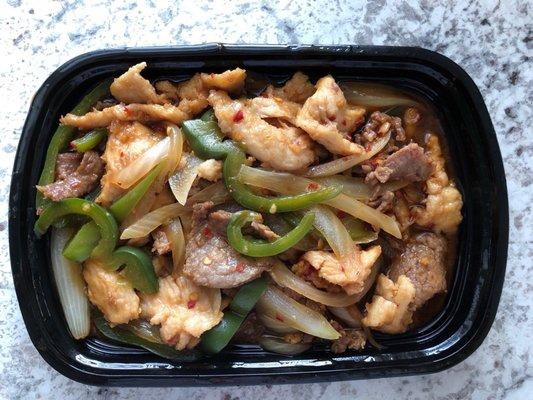 Pan fried shredded beef and chicken with bell peppers and onions from the secrete menu. Very delicious!