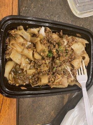 Hand cut noodle and ground beef.