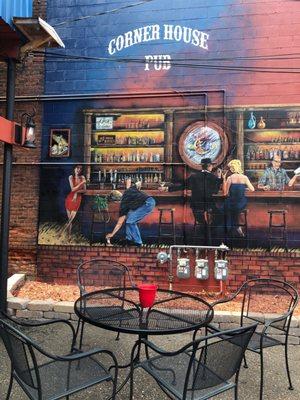 Mural on wall of outdoor beer garden