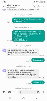 Text messages from Albert with Kneese Plumbing.  Fredericksburg, Texas