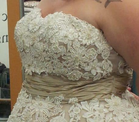 This dress had a straight bodice but the bride wanted a 'sweetheart' decolletage. Voila!