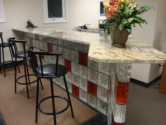 glass block bar with decorative colored glass blocks