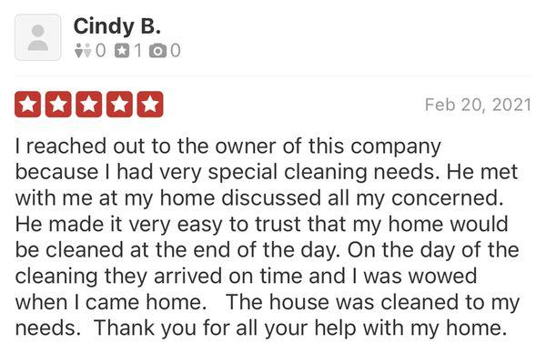 One of our many excellent home cleaning reviews!