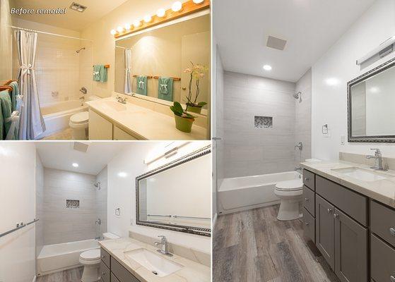 Before: an old bathroom from the 70s, we had a leak inside the shower wall and under vanity sink.