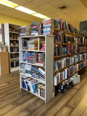 One long row of gently used books when you enter the store