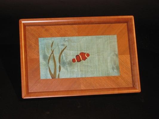 Cherrywood serving tray with "Nemo" underwater scene marquetry.