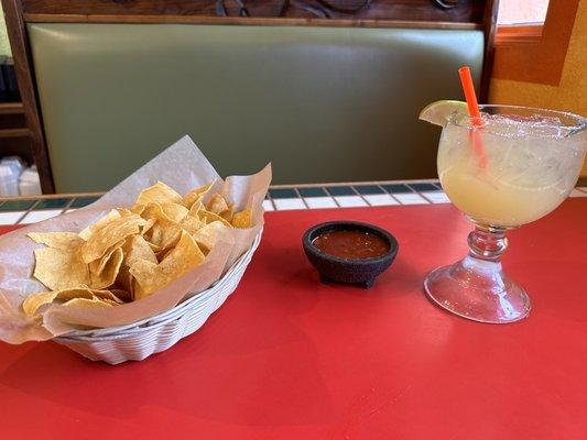 Chips, salsa, and their traditional margarita