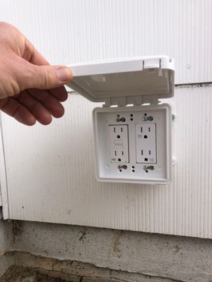 Installed an exterior rated WR (weather-resistant)  quad receptacle. Dedicated 20 amp line with GFCI (ground-fault circuit in...