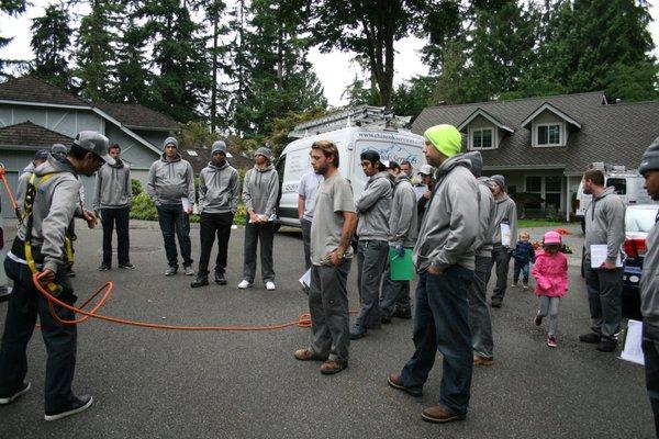 Employees are trained and certified to work on ladders and on roof tops.  We use top of the line fall protection equipment