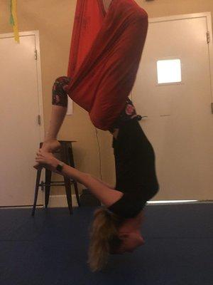 Never could have thought I could bend like this 6 months ago -Aerial Yoga Pose: chandelier