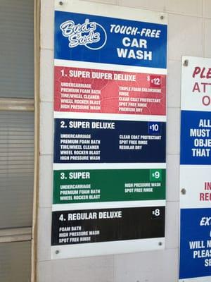 The prices as of summer 2013 for the automatic car wash.