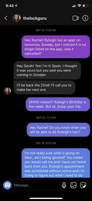 Text communication via Instagram and her scheduling app.