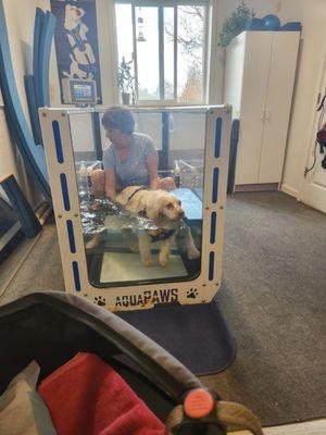 On the treadmill using her legs