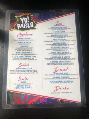 Yo Pablo Tacos/Tequila-Campus Corner:  Menu (7 Sep 2021)