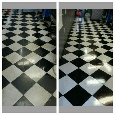 Before-after floor strip and wax at a barbershop.