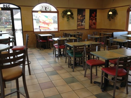 Dining room, with cleared but not cleaned tables