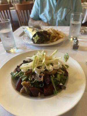 Beef & Lamb gyro in the back, Signature Salad in front.